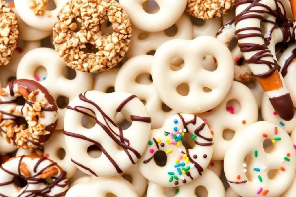 Different variations of white chocolate pretzels with toppings