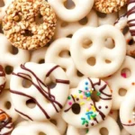 Different variations of white chocolate pretzels with toppings