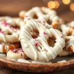 White chocolate pretzels with sprinkles on a wooden plate