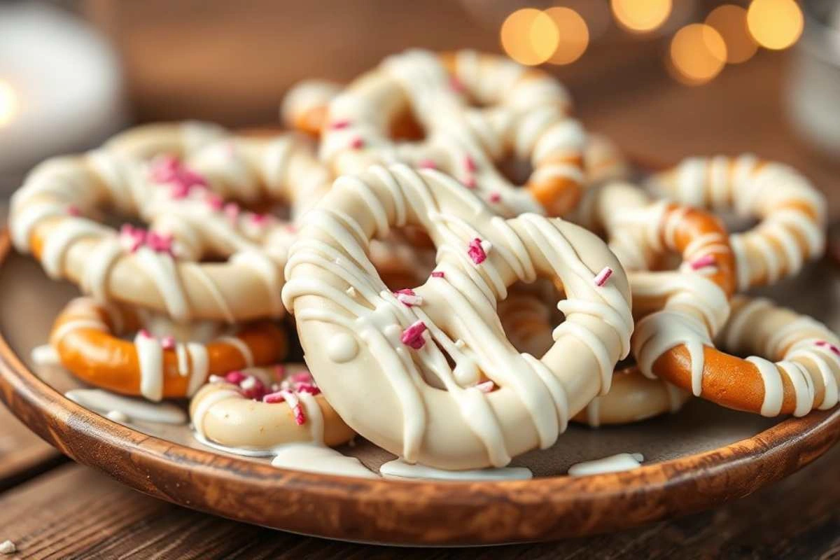 White chocolate pretzels with sprinkles on a wooden plate